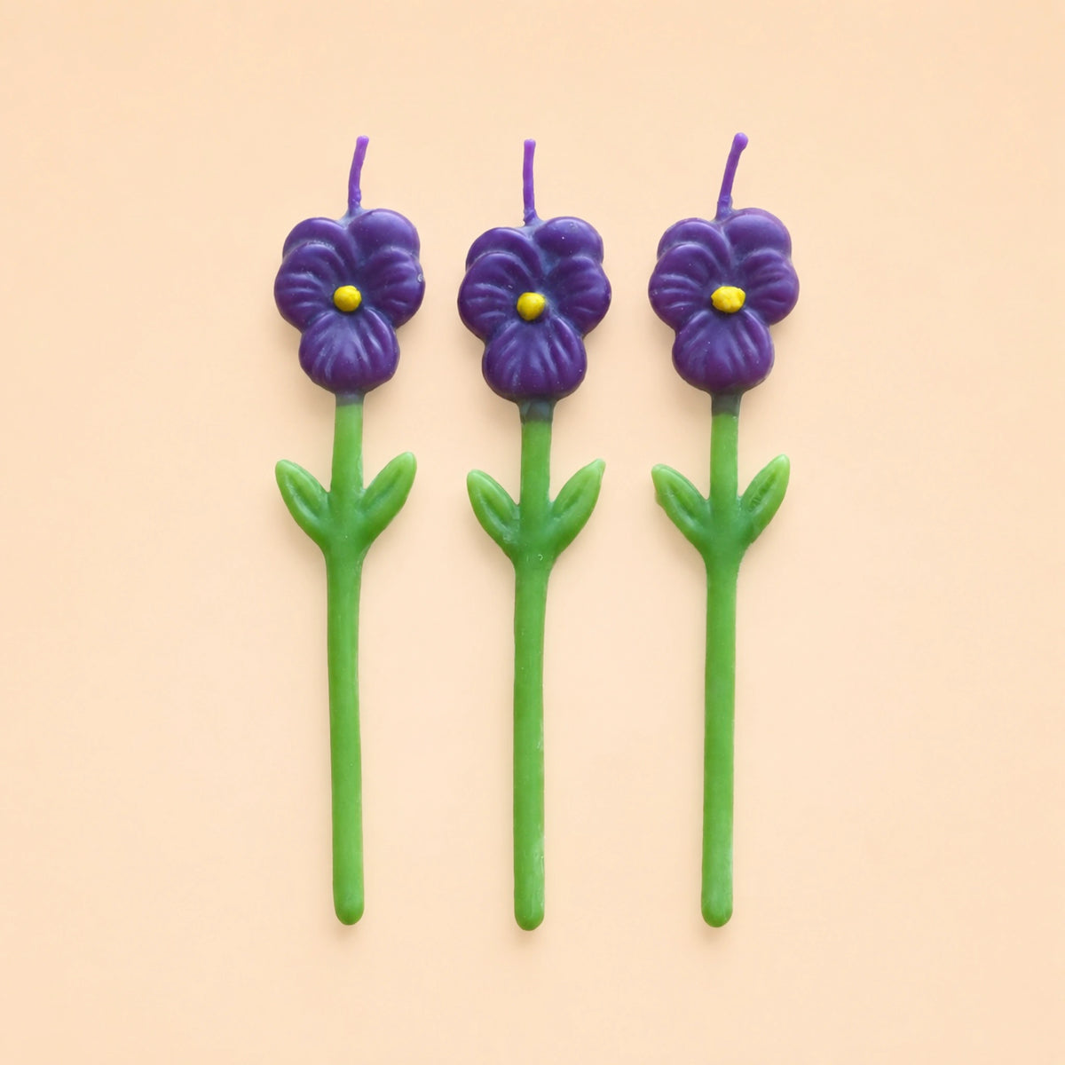 Pansy Birthday Candles | Set of 3 | Purple Flower Shaped Beeswax Candles