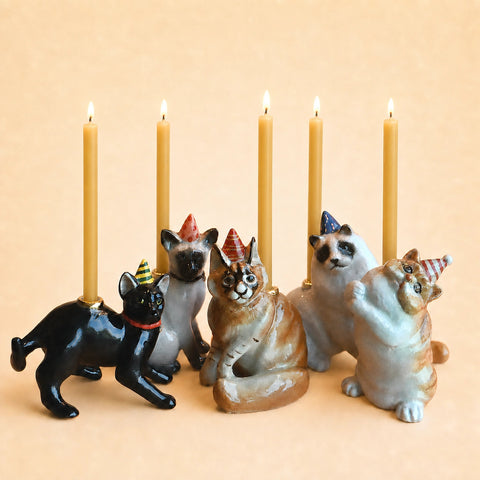 Cat Cake Topper Set | Camp Hollow Porcelain Party Animal | Ceramic Candle Holder | Party Animal Birthday Decor | Curious Cat Collection