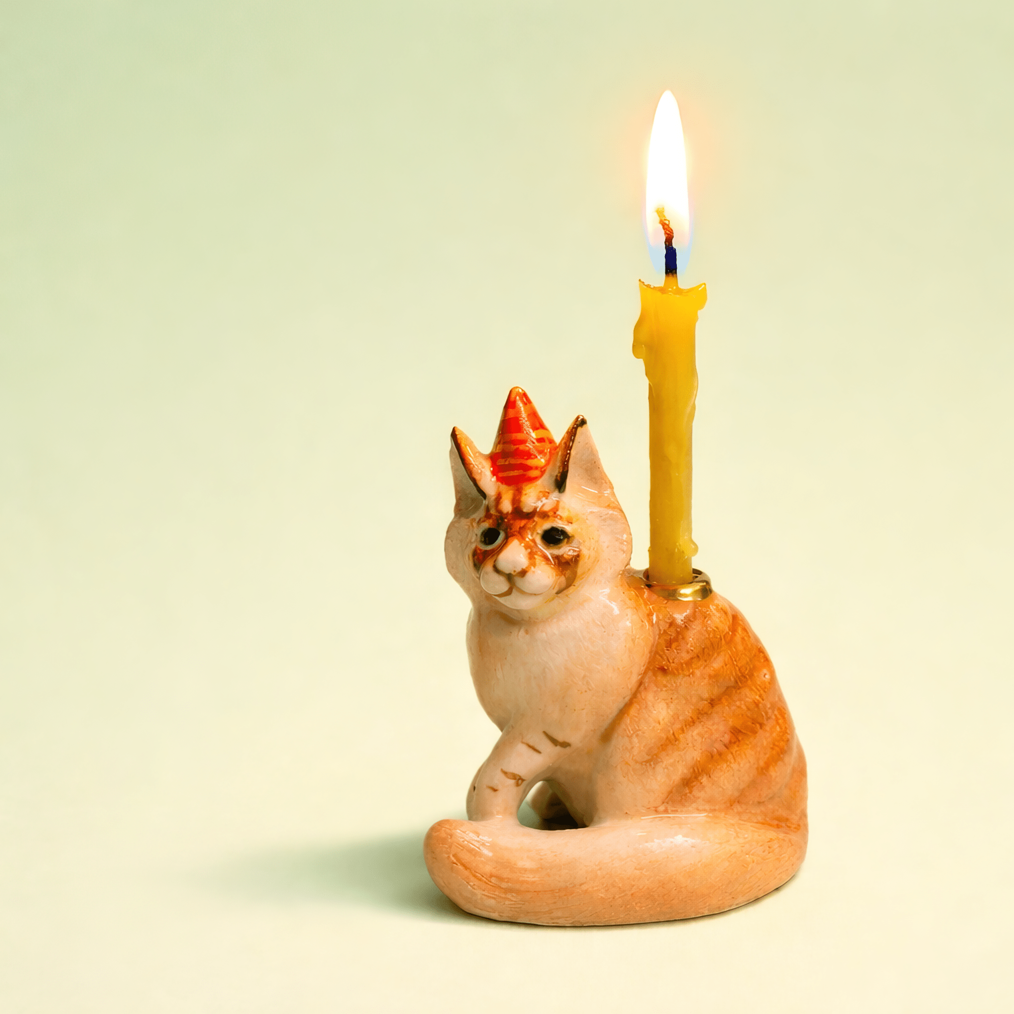 Maine Coon Cat Cake Topper with a lit yellow candle and orange party hat