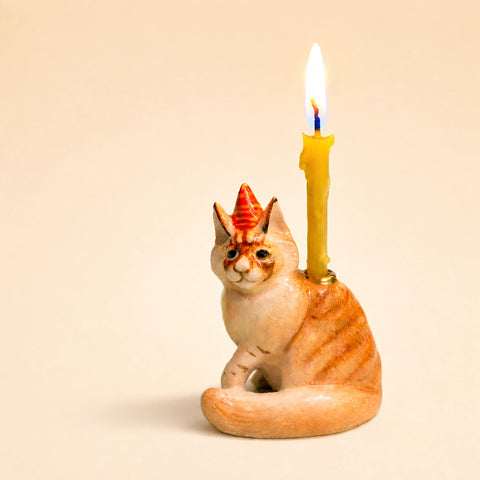 Cat Cake Topper | Camp Hollow Porcelain Party Animal | Ceramic Candle Holder | Party Animal Birthday Decor | Maine Coon Cat