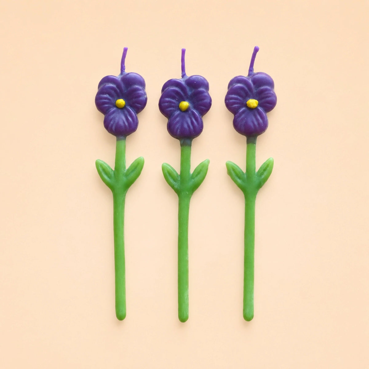 Pansy Birthday Candles | Set of 3 | Purple Flower Shaped Beeswax Candles