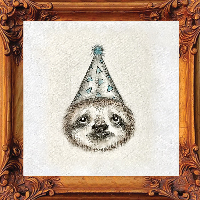 sloth wearing a party hat on a frame