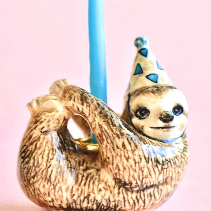 Sloth Cake Topper | Camp Hollow Porcelain Party Animal | Ceramic Candle Holder | Party Animal Birthday Decor